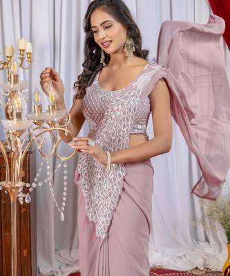 violet thread sequence embroidered work pre draped saree with stitch blouse 2