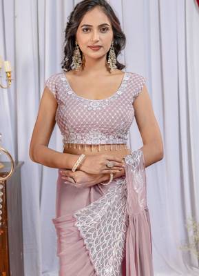 violet thread sequence embroidered work pre draped saree with stitch blouse 3