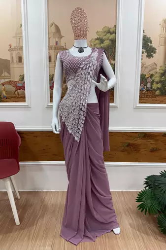 violet color thread sequence embroidered work ready to wear saree with stitch blouse