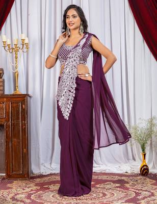 wine embroidery work with real mirror & pearls hand work 2 styles drape faux georgette saree with stitched blouse 1