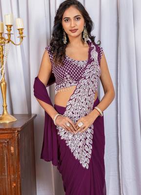 wine embroidery work with real mirror & pearls hand work 2 styles drape faux georgette saree with stitched blouse 3