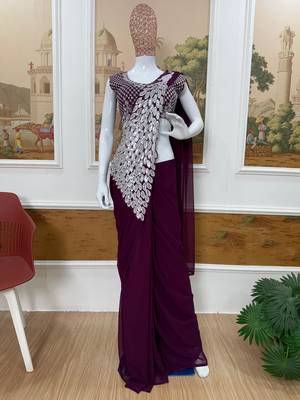 wine embroidery work with real mirror & pearls hand work 2 styles drape faux georgette saree with stitched blouse 4