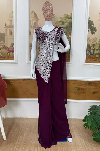 wine color embroidery work with real mirror & pearls hand work 2 styles drape faux georgette saree with stitched blouse