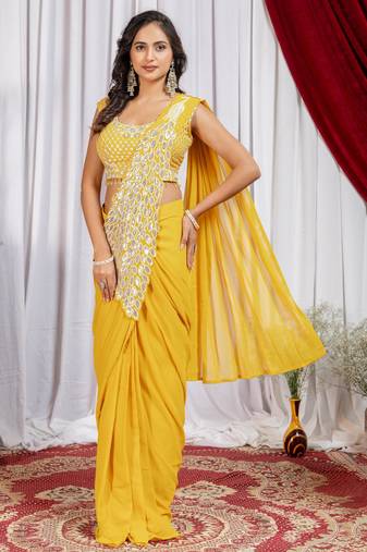 musturd yellow color thread sequence embroidered work ready to wear saree with stitch blouse