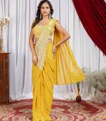 musturd yellow color thread sequence embroidered work ready to wear saree with stitch blouse