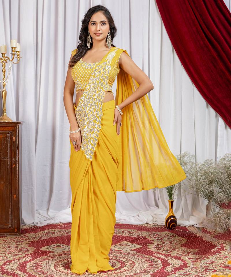 musturd yellow color thread sequence embroidered work ready to wear saree with stitch blouse