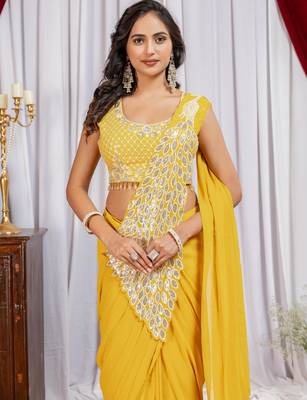 musturd yellow thread sequence embroidered work ready made saree with stitch blouse 2