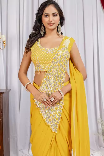musturd yellow color thread sequence embroidered work ready to wear saree with stitch blouse