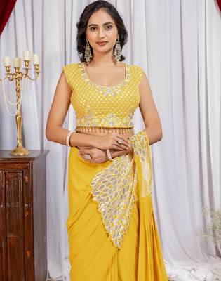 musturd yellow thread sequence embroidered work ready made saree with stitch blouse 3