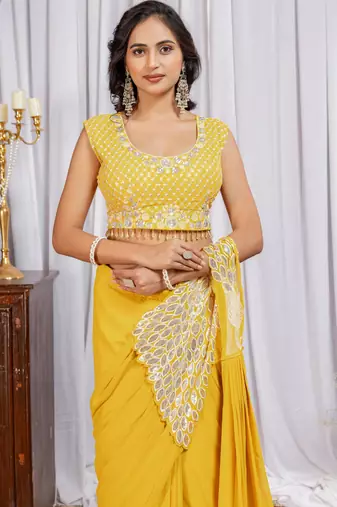 musturd yellow color thread sequence embroidered work ready to wear saree with stitch blouse