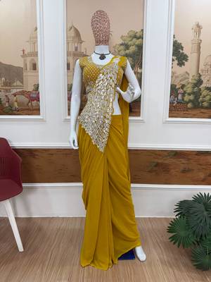 musturd yellow thread sequence embroidered work ready made saree with stitch blouse 4
