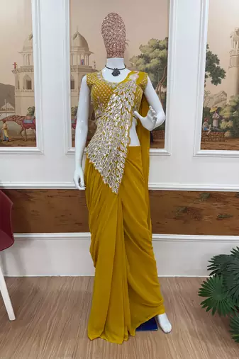 musturd yellow color thread sequence embroidered work ready to wear saree with stitch blouse