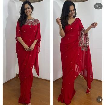 red embroidery work with real mirror & pearls hand work 2 styles drape faux georgette saree with stitched blouse 1