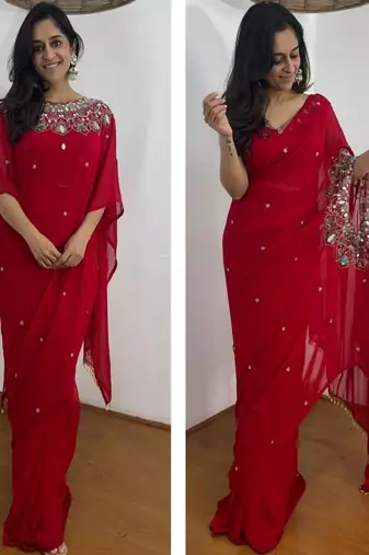Red color embroidery work with real mirror & pearls hand work 2 styles drape faux georgette saree with stitched blouse