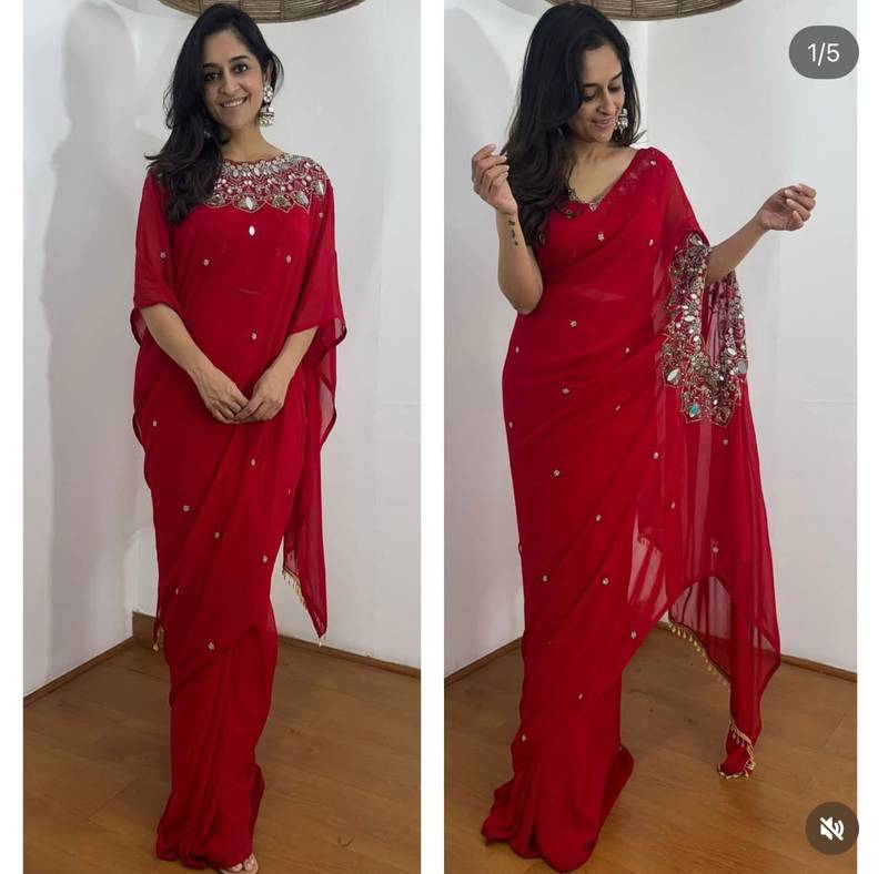Red color embroidery work with real mirror & pearls hand work 2 styles drape faux georgette saree with stitched blouse