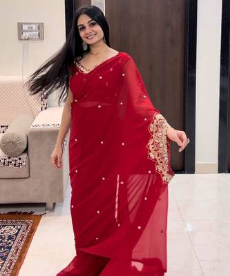 red embroidery work with real mirror & pearls hand work 2 styles drape faux georgette saree with stitched blouse 2