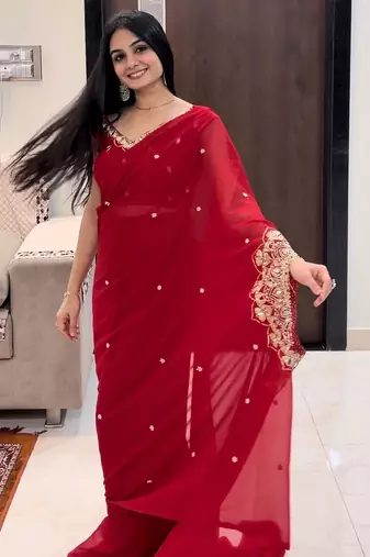 red embroidery work with real mirror & pearls hand work 2 styles drape faux georgette saree with stitched blouse