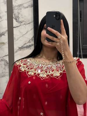 red embroidery work with real mirror & pearls hand work 2 styles drape faux georgette saree with stitched blouse 3