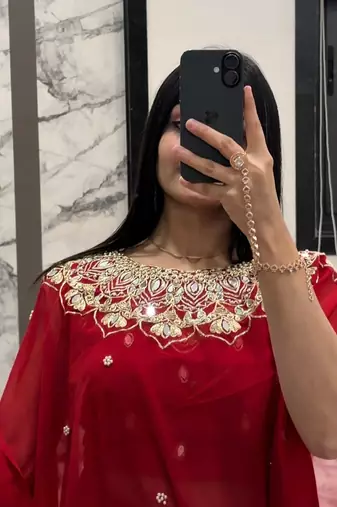 red embroidery work with real mirror & pearls hand work 2 styles drape faux georgette saree with stitched blouse