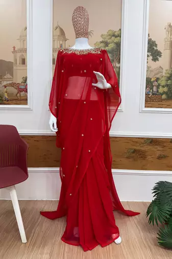 red embroidery work with real mirror & pearls hand work 2 styles drape faux georgette saree with stitched blouse