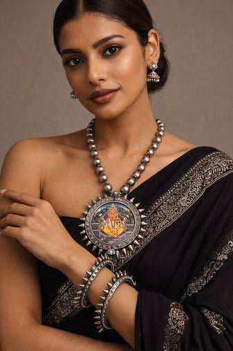 Oxidised silver miniature painting necklace of ganesha god | vintage tribal statement neckpiece & kada