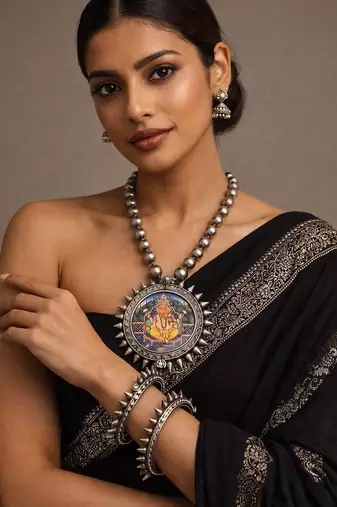 Oxidised silver miniature painting necklace of ganesha god | vintage tribal statement neckpiece & kada