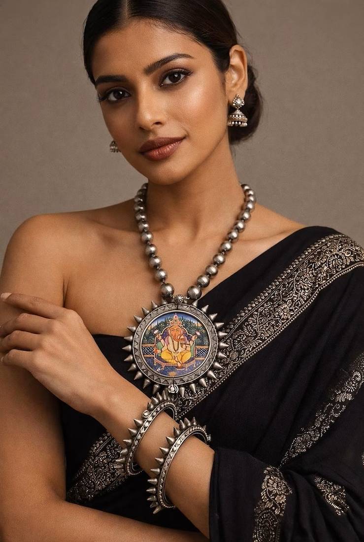 Oxidised silver miniature painting necklace of ganesha god | vintage tribal statement neckpiece & kada