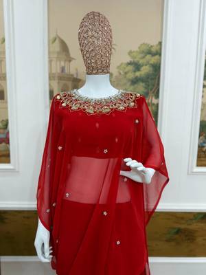 red embroidery work with real mirror & pearls hand work 2 styles drape faux georgette saree with stitched blouse 5