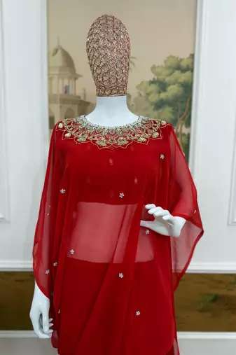 red embroidery work with real mirror & pearls hand work 2 styles drape faux georgette saree with stitched blouse