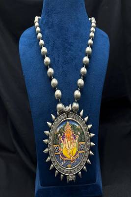 Oxidised silver miniature painting necklace of ganesha god | vintage tribal statement neckpiece & kada 2
