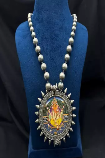 Oxidised silver miniature painting necklace of ganesha god | vintage tribal statement neckpiece & kada