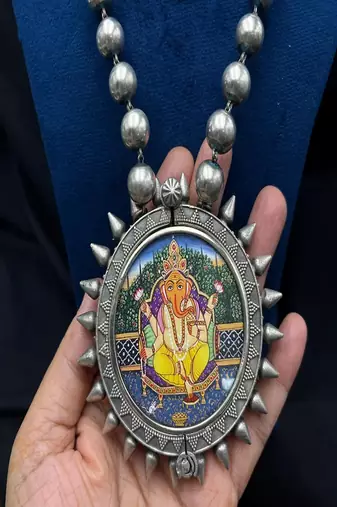Oxidised silver miniature painting necklace of ganesha god | vintage tribal statement neckpiece & kada