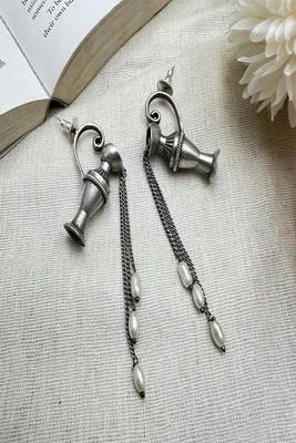Surrealist silver pitcher earrings with pearl water drops, renaissance style teapot dangle earrings 2