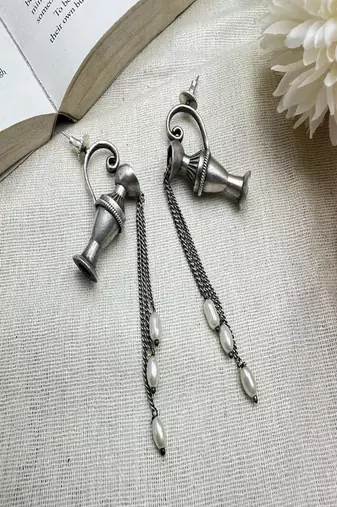 Surrealist silver pitcher earrings with pearl water drops, renaissance style teapot dangle earrings