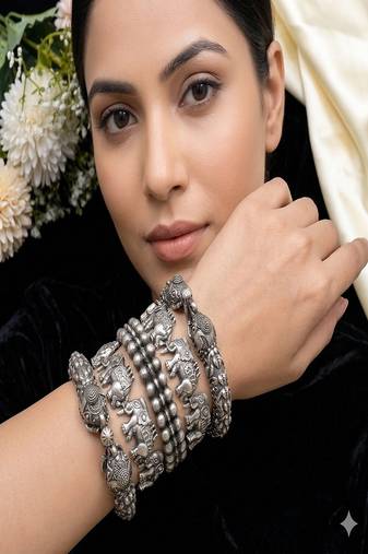 Exclusive elephant crafted silver plated matt finish kada kangan elephant rajwadi