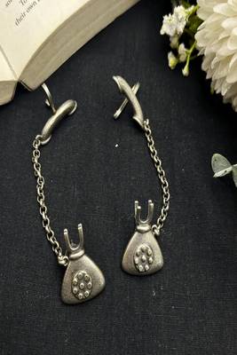 Oxidised silver ear cuff earring with chain | tribal boho telephone earcuff  2