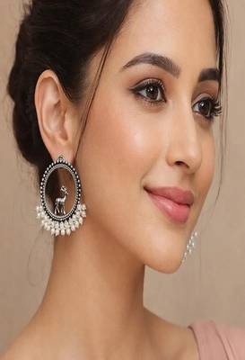 Oxidized silver deer earrings: pearl beaded boho studs 1