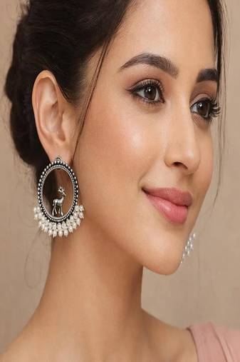 Oxidized silver deer earrings: pearl beaded boho studs