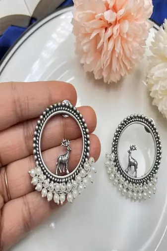 Oxidized silver deer earrings: pearl beaded boho studs