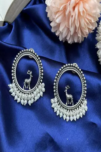Oxidized silver deer earrings: pearl beaded boho studs
