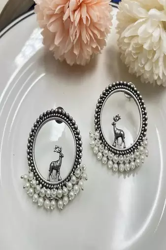 Oxidized silver deer earrings: pearl beaded boho studs