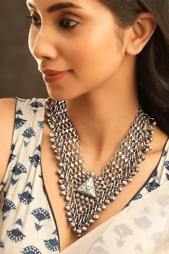 Oxidized silver bib necklace: handmade boho tribal statement jewelry