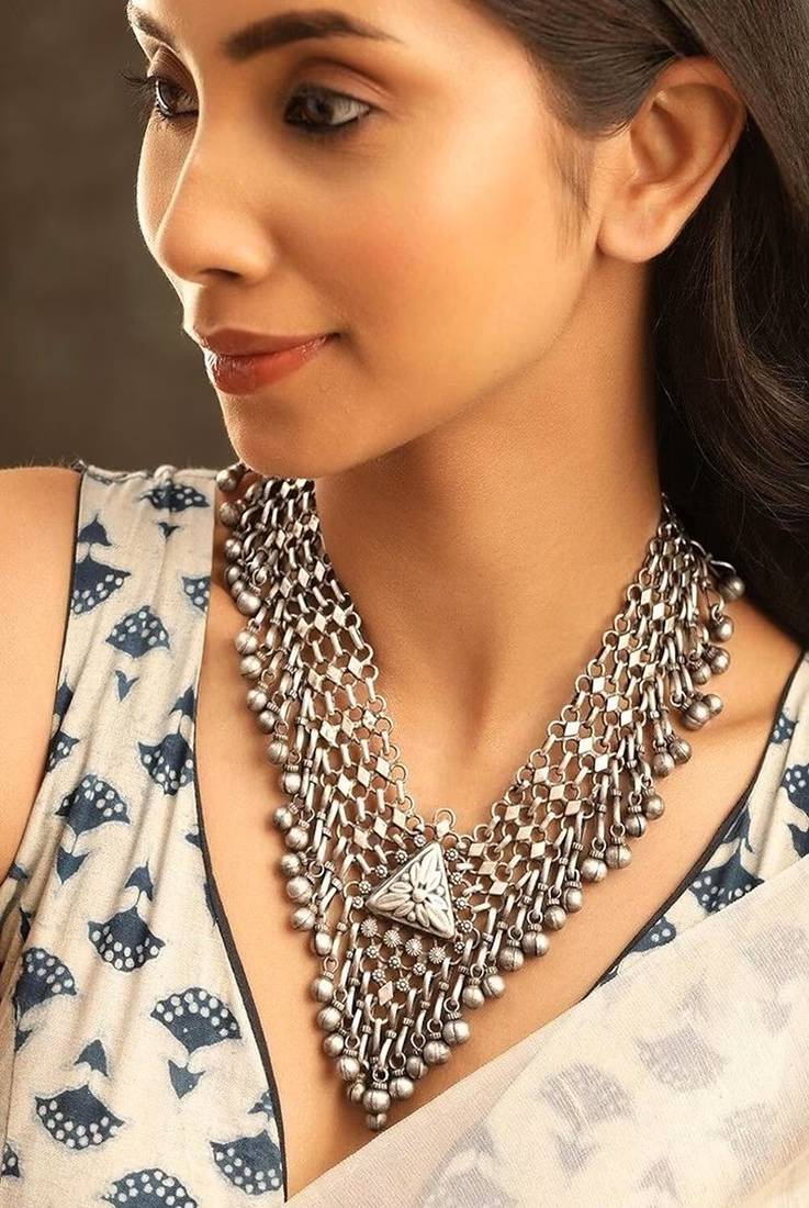 Oxidized silver bib necklace: handmade boho tribal statement jewelry