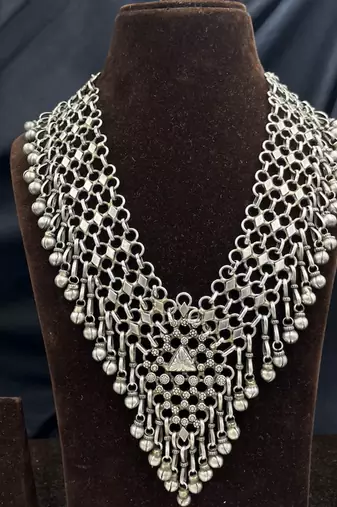 Oxidized silver bib necklace: handmade boho tribal statement jewelry