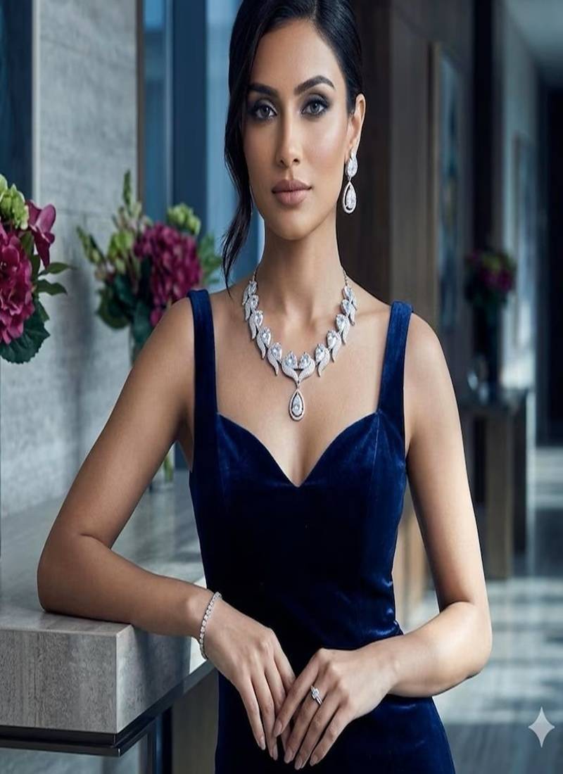 Pear cut diamond necklace set for bride||art deco cubic zirconia statement prom wedding necklace