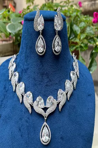 Pear cut diamond necklace set for bride||art deco cubic zirconia statement prom wedding necklace