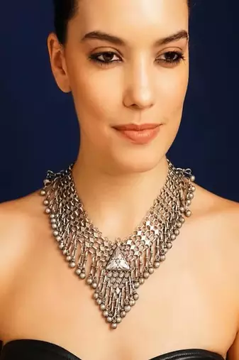 Oxidized silver bib necklace: handmade boho tribal statement jewelry