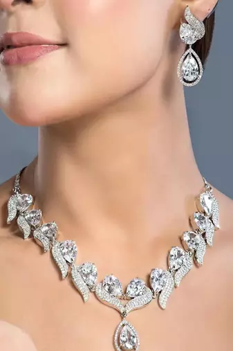 Pear cut diamond necklace set for bride||art deco cubic zirconia statement prom wedding necklace