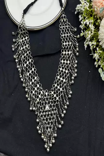 Oxidized silver bib necklace: handmade boho tribal statement jewelry