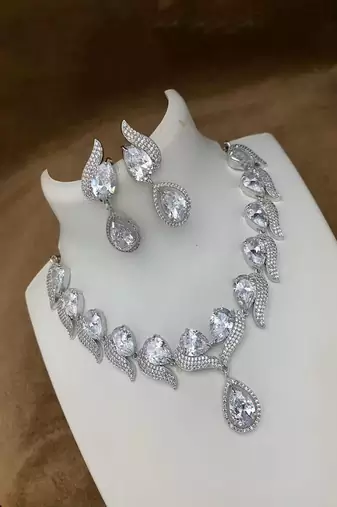 Pear cut diamond necklace set for bride||art deco cubic zirconia statement prom wedding necklace